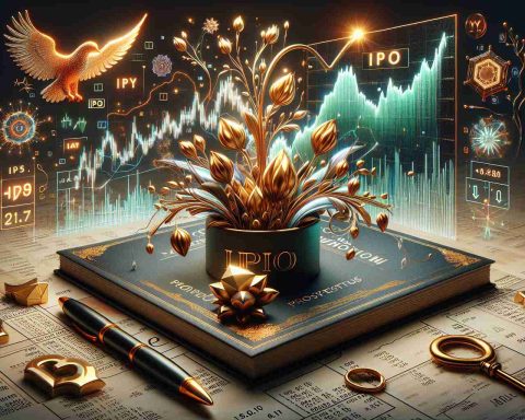 A high-definition, hyper-realistic image of a concept illustrating a significant Initial Public Offering (IPO) that could potentially redefine the financial market. This includes symbols of flourishing financial growth and blooming opportunities. Elements could include an abstract representation of a stock market chart showing a major uptick, documents signifying IPO prospectus and perhaps a golden key to symbolise unlocking exciting prospects.