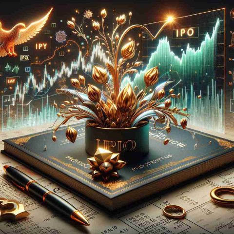 A high-definition, hyper-realistic image of a concept illustrating a significant Initial Public Offering (IPO) that could potentially redefine the financial market. This includes symbols of flourishing financial growth and blooming opportunities. Elements could include an abstract representation of a stock market chart showing a major uptick, documents signifying IPO prospectus and perhaps a golden key to symbolise unlocking exciting prospects.