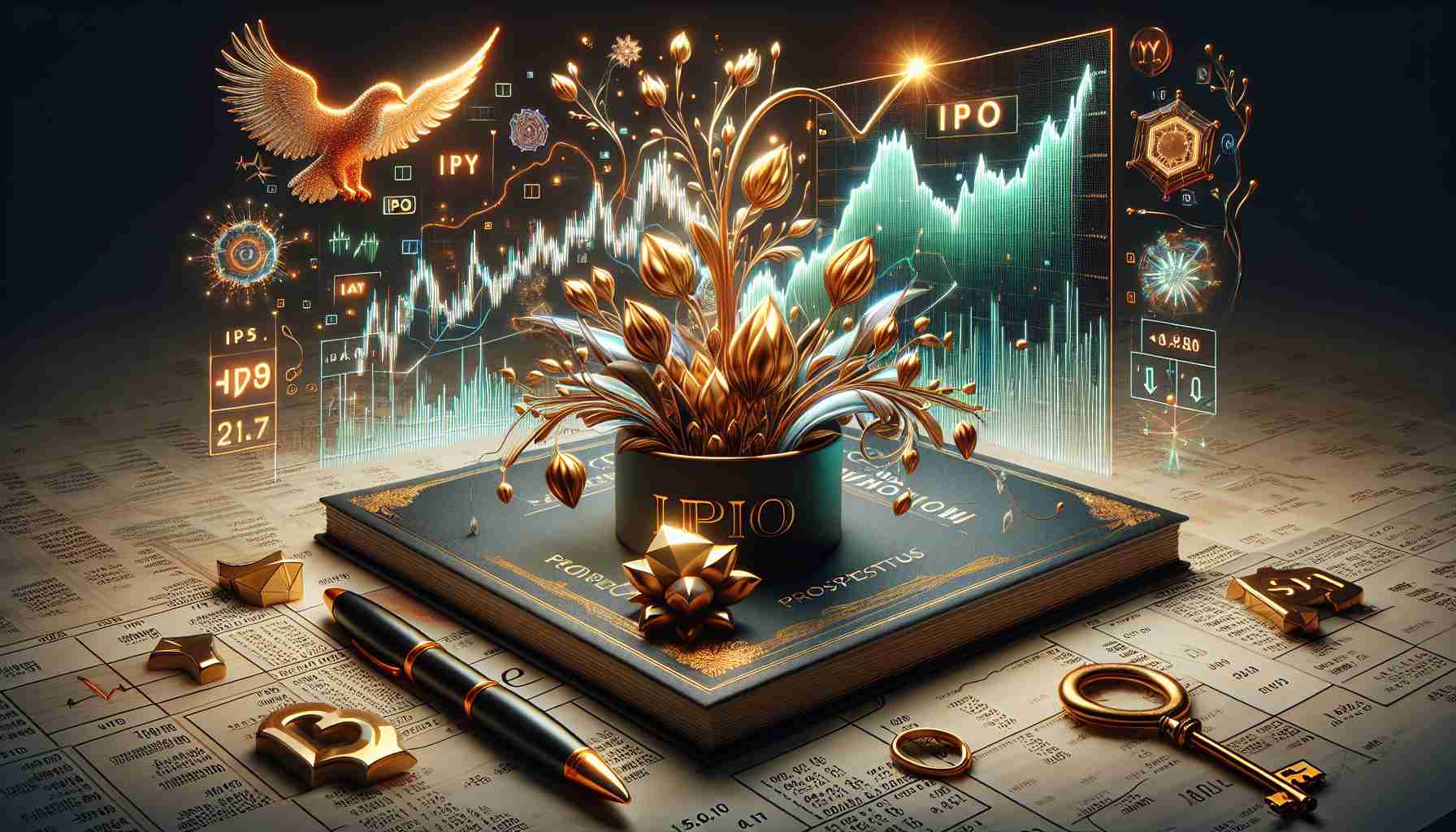 A high-definition, hyper-realistic image of a concept illustrating a significant Initial Public Offering (IPO) that could potentially redefine the financial market. This includes symbols of flourishing financial growth and blooming opportunities. Elements could include an abstract representation of a stock market chart showing a major uptick, documents signifying IPO prospectus and perhaps a golden key to symbolise unlocking exciting prospects.