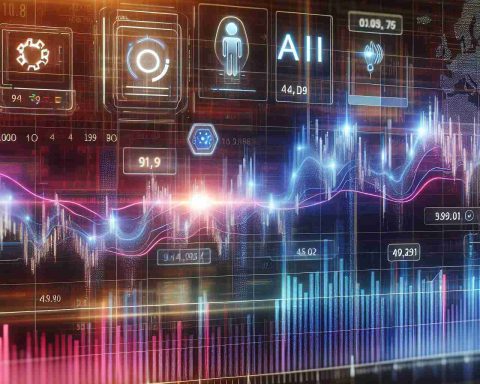 Realistic high-definition illustration of a stock market chart, depicting AI-related stocks with significant positive momentum, signifying a potential surge. An overlay of futuristic technology theme with holographic graphs, digital numbers, and symbols to emphasize the potential future of tech industry.