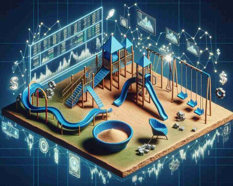 A highly detailed, realistic illustration of the stock market being visualized as a playground. Symbolic elements such as a roller coaster for market highs and lows, a sandbox filled with shares, and swings with ticker symbols on them, are present. Technology elements are present throughout, signifying the influence of artificial intelligence on the stock market. Understand, however, that this is a creative rendition, not an actual photograph.