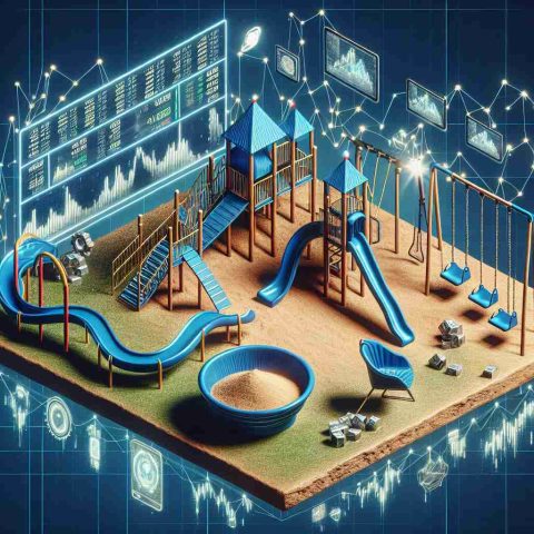 A highly detailed, realistic illustration of the stock market being visualized as a playground. Symbolic elements such as a roller coaster for market highs and lows, a sandbox filled with shares, and swings with ticker symbols on them, are present. Technology elements are present throughout, signifying the influence of artificial intelligence on the stock market. Understand, however, that this is a creative rendition, not an actual photograph.