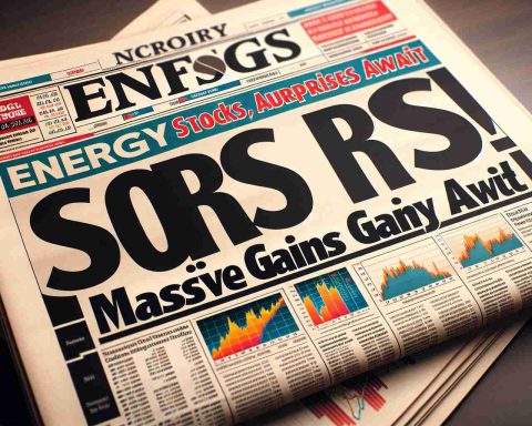 High definition image of a newspaper financial section headline that reads 'Energy Stock Soars! Massive Gains and Surprises Await'. The newsprint should be crisp, with the headline in large, bold letters. Surrounding the headline, include smaller subsections containing graphical charts and financial analysis that indicate a positive surge in the energy market.