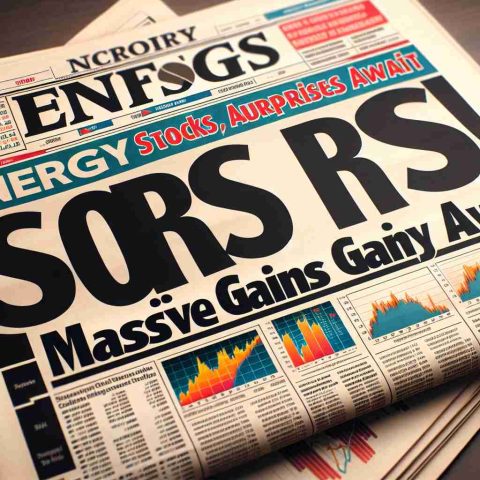 High definition image of a newspaper financial section headline that reads 'Energy Stock Soars! Massive Gains and Surprises Await'. The newsprint should be crisp, with the headline in large, bold letters. Surrounding the headline, include smaller subsections containing graphical charts and financial analysis that indicate a positive surge in the energy market.