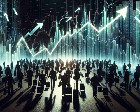 Generate a realistic high-definition image that metaphorically signifies a market shift. Portray an abstract market represented by fluctuating bar charts, with numerous arrows pointing downward indicating a decline. To represent the departure of foreign investors, include a crowd of diverse silhouettes with suitcases, leaving the area of bar charts. The image should have a dramatic feel with dark, intense colors to underline the seriousness of the situation.