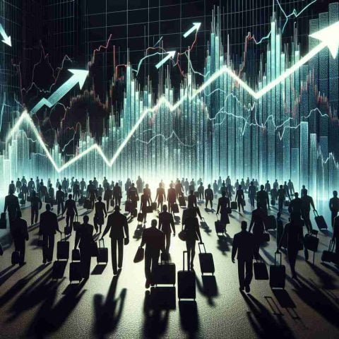 Generate a realistic high-definition image that metaphorically signifies a market shift. Portray an abstract market represented by fluctuating bar charts, with numerous arrows pointing downward indicating a decline. To represent the departure of foreign investors, include a crowd of diverse silhouettes with suitcases, leaving the area of bar charts. The image should have a dramatic feel with dark, intense colors to underline the seriousness of the situation.