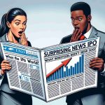 Illustration of two business professionals, a Hispanic woman and a Black man, expressing surprise while studying a newspaper cover titled 'Surprising News in the IPO World! What Investors Didn’t See Coming'. The paper showcases a dramatic upward trend graph indicating high profits. The design should be realistic and detailed.