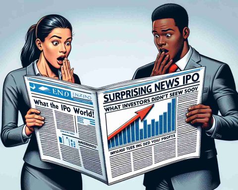 Illustration of two business professionals, a Hispanic woman and a Black man, expressing surprise while studying a newspaper cover titled 'Surprising News in the IPO World! What Investors Didn’t See Coming'. The paper showcases a dramatic upward trend graph indicating high profits. The design should be realistic and detailed.