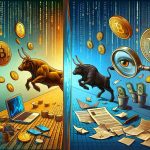 In high definition, visualize a metaphorical representation of the dichotomy between the crypto revolution and privacy intrusion. On one side, show elements symbolizing cryptocurrency, such as floating golden coins with common cryptocurrency symbols, computer code fonts raining downwards in the style of the Matrix, and a stylized bull charging forward, embodying the bullish market trend. On the opposing side, depict objects that symbolize privacy intrusion, such as an oversized magnifying glass examining a laptop, filed papers strewn about, and eyes covertly peering from the shadows. In the middle, provide an unexpected twist that merges these two contrasting sides: perhaps a metaphorical bridge or a door,complementing the theme.