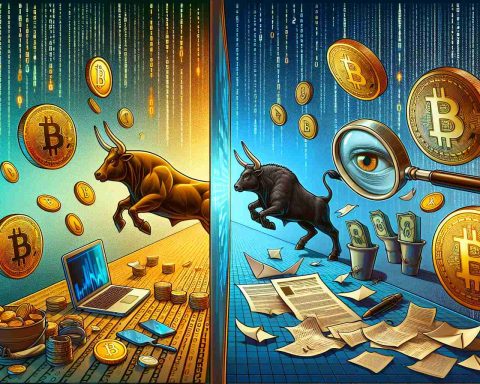 In high definition, visualize a metaphorical representation of the dichotomy between the crypto revolution and privacy intrusion. On one side, show elements symbolizing cryptocurrency, such as floating golden coins with common cryptocurrency symbols, computer code fonts raining downwards in the style of the Matrix, and a stylized bull charging forward, embodying the bullish market trend. On the opposing side, depict objects that symbolize privacy intrusion, such as an oversized magnifying glass examining a laptop, filed papers strewn about, and eyes covertly peering from the shadows. In the middle, provide an unexpected twist that merges these two contrasting sides: perhaps a metaphorical bridge or a door,complementing the theme.