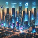 Generate an HD image of a futuristic city skyline depicting signs of AI advancements. Include iconic buildings to represent companies flourishing in the field of AI. Skyscrapers are adorned with neon lights, displaying messages about new AI accomplishments, breakthroughs and the company names. There's a clear sky in the backdrop, symbolizing growth. Additionally, floating holographic graphs indicating tech advancement and drones facilitating delivery of goods in the foreground, showcasing the AI-powered future.