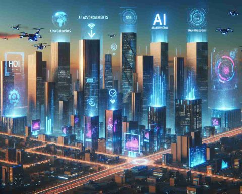 Generate an HD image of a futuristic city skyline depicting signs of AI advancements. Include iconic buildings to represent companies flourishing in the field of AI. Skyscrapers are adorned with neon lights, displaying messages about new AI accomplishments, breakthroughs and the company names. There's a clear sky in the backdrop, symbolizing growth. Additionally, floating holographic graphs indicating tech advancement and drones facilitating delivery of goods in the foreground, showcasing the AI-powered future.