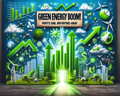 Generate a realistic HD image that represents the concept of green energy boom. It includes visuals related to soaring profits, such as skyrocketing graphs or charts, and symbols of new ventures ahead, such as innovative clean energy technologies or open doors leading towards a green and prosperous future. Please depict the text 'Green Energy Boom! Profits Soar, New Ventures Ahead' at the top of this image.