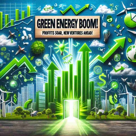 Generate a realistic HD image that represents the concept of green energy boom. It includes visuals related to soaring profits, such as skyrocketing graphs or charts, and symbols of new ventures ahead, such as innovative clean energy technologies or open doors leading towards a green and prosperous future. Please depict the text 'Green Energy Boom! Profits Soar, New Ventures Ahead' at the top of this image.