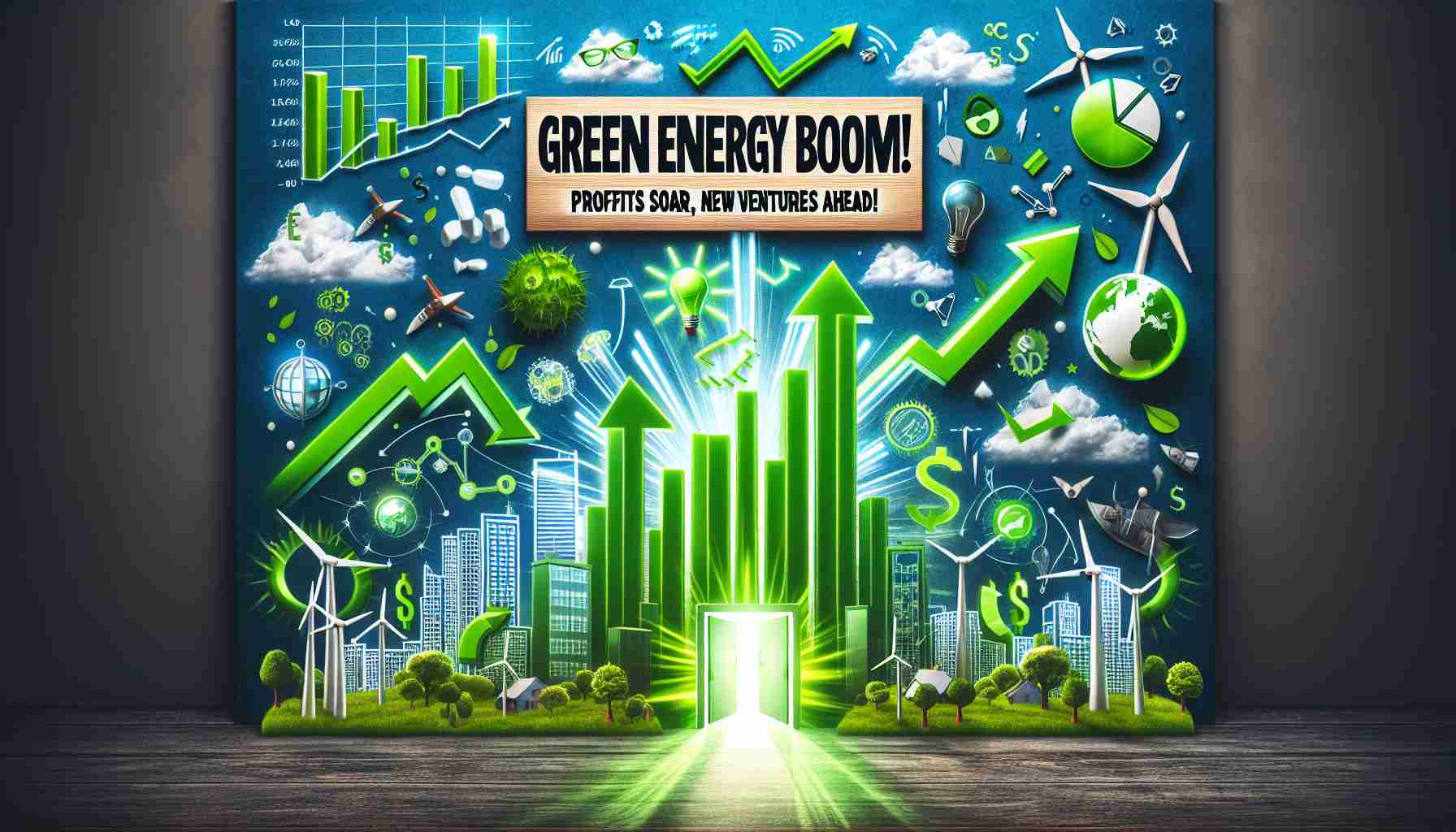 Generate a realistic HD image that represents the concept of green energy boom. It includes visuals related to soaring profits, such as skyrocketing graphs or charts, and symbols of new ventures ahead, such as innovative clean energy technologies or open doors leading towards a green and prosperous future. Please depict the text 'Green Energy Boom! Profits Soar, New Ventures Ahead' at the top of this image.