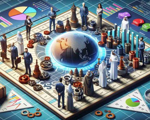 A high-definition, realistic illustration representing the concept of significant changes in the energy sector. This could include a metaphorical image of gears turning, charts showing fluctuations, and people from various descents and genders such as a Caucasian woman, Middle Eastern man, and South Asian woman, all dressed as investors, making choices symbolized by placing pieces on a game board. The game represents global energy markets. They are standing around a table filled with 3D graphs and charts representing the energy sector trends. Please add a title text saying 'Big Moves in Energy Sector: Surprising Choices by Investors'.