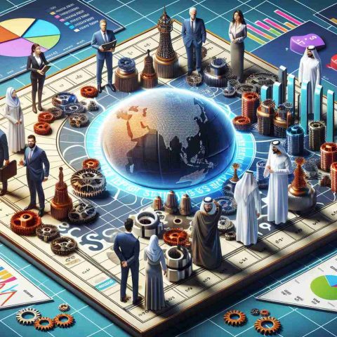 A high-definition, realistic illustration representing the concept of significant changes in the energy sector. This could include a metaphorical image of gears turning, charts showing fluctuations, and people from various descents and genders such as a Caucasian woman, Middle Eastern man, and South Asian woman, all dressed as investors, making choices symbolized by placing pieces on a game board. The game represents global energy markets. They are standing around a table filled with 3D graphs and charts representing the energy sector trends. Please add a title text saying 'Big Moves in Energy Sector: Surprising Choices by Investors'.