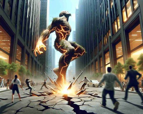 Generate a hyper realistic, high-definition image representing the thrilling scene of a metaphorical 'energy giant' unexpectedly stumbling after achieving significant success. The energy giant could be depicted as a towering, powerful creature with sparks of energy radiating from its body, standing tall amidst a cityscape. Its fall can be visualized as it stumbles on rough terrain or cracked street underfoot, encapsulating the shocking dive. The energy giant's surprising success could be illustrated with tall trophies or flourishing green plants around it. The surrounding environment could have people reacting with astonishment, some cheering, some gasping in shock.