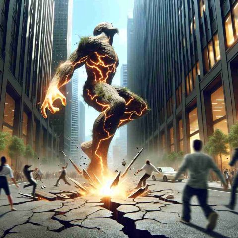 Generate a hyper realistic, high-definition image representing the thrilling scene of a metaphorical 'energy giant' unexpectedly stumbling after achieving significant success. The energy giant could be depicted as a towering, powerful creature with sparks of energy radiating from its body, standing tall amidst a cityscape. Its fall can be visualized as it stumbles on rough terrain or cracked street underfoot, encapsulating the shocking dive. The energy giant's surprising success could be illustrated with tall trophies or flourishing green plants around it. The surrounding environment could have people reacting with astonishment, some cheering, some gasping in shock.