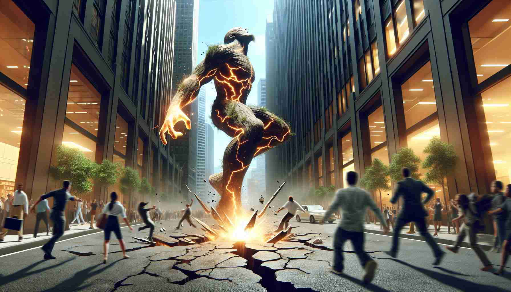 Generate a hyper realistic, high-definition image representing the thrilling scene of a metaphorical 'energy giant' unexpectedly stumbling after achieving significant success. The energy giant could be depicted as a towering, powerful creature with sparks of energy radiating from its body, standing tall amidst a cityscape. Its fall can be visualized as it stumbles on rough terrain or cracked street underfoot, encapsulating the shocking dive. The energy giant's surprising success could be illustrated with tall trophies or flourishing green plants around it. The surrounding environment could have people reacting with astonishment, some cheering, some gasping in shock.