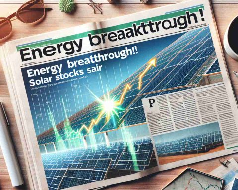 Generate a high-definition realistic image of a financial newspaper. The headline should read 'Energy Breakthrough! Solar Giant’s Stocks Soar', and there should be a chart showing a steep upward trend. Furthermore, include an image of a large solar panel array glistening in the sun, symbolizing the solar giant.