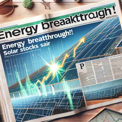 Generate a high-definition realistic image of a financial newspaper. The headline should read 'Energy Breakthrough! Solar Giant’s Stocks Soar', and there should be a chart showing a steep upward trend. Furthermore, include an image of a large solar panel array glistening in the sun, symbolizing the solar giant.