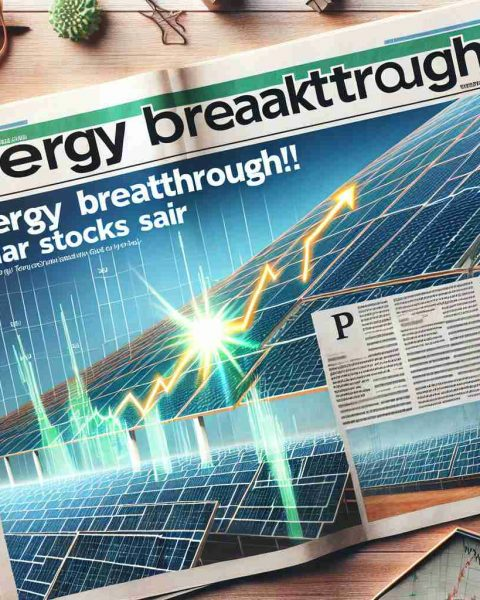 Generate a high-definition realistic image of a financial newspaper. The headline should read 'Energy Breakthrough! Solar Giant’s Stocks Soar', and there should be a chart showing a steep upward trend. Furthermore, include an image of a large solar panel array glistening in the sun, symbolizing the solar giant.