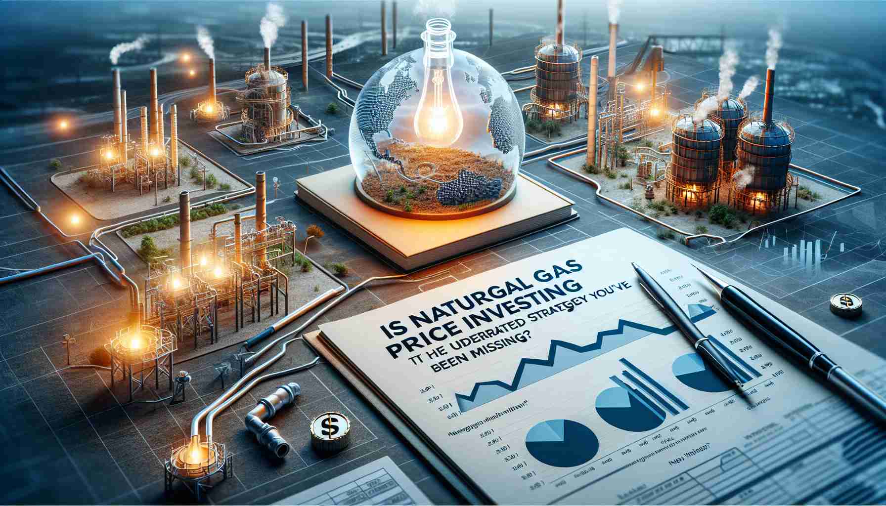 A realistic HD photo illustrating the concept of investing in natural gas prices. This may include symbolic representations such as statistics graphs showing the rise and fall of natural gas prices, financial documents related to natural gas investment, and images of natural gas infrastructure like pipelines and extraction sites. On top of these, a question fills the image: 'Is natural gas price investing the underrated strategy you've been missing?'