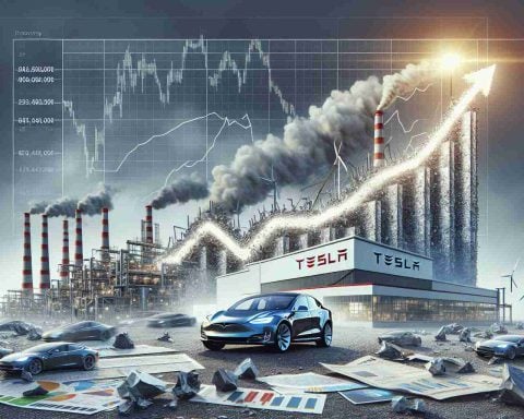 A high-definition, hyper-realistic illustration of a conceptual piece that metaphorically represents Tesla's growth ambition. The image can feature a graph of climbing stocks against a backdrop of a factory churning out electric cars, alluding to the underlying production system that powers Tesla's success. However, the image should also subtly hint at the sustainability aspect, hinting at the environmental implications and economic challenges in a persistent rise. This could be symbolized, for example, by showing renewable energy sources like solar panels or wind turbines powering the factory, as well as fragments of financial reports or news headlines touching on debates about sustainability.