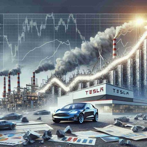 A high-definition, hyper-realistic illustration of a conceptual piece that metaphorically represents Tesla's growth ambition. The image can feature a graph of climbing stocks against a backdrop of a factory churning out electric cars, alluding to the underlying production system that powers Tesla's success. However, the image should also subtly hint at the sustainability aspect, hinting at the environmental implications and economic challenges in a persistent rise. This could be symbolized, for example, by showing renewable energy sources like solar panels or wind turbines powering the factory, as well as fragments of financial reports or news headlines touching on debates about sustainability.