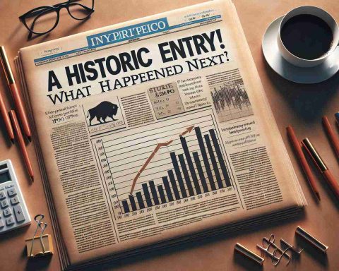 Create a realistic image: A printed newspaper headline reading 'A Historic Entry! What Happened Next?' accompanied by an article below. Also, depict a bar graph showing the rise and fall of numbers that represents a hypothetical initial public offering (IPO). The setting should be a businessman's desk with a cup of coffee and glasses placed beside the newspaper.