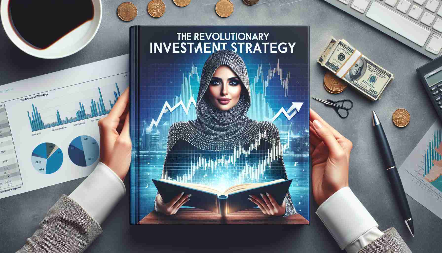 Create a high-definition, realistic image of a book cover showcasing the 'Revolutionary Investment Strategy'. The cover should convey a sense of mystery and success. Imagery could include a charismatic, successful investor, possibly Middle-Eastern female, studying financial graphs that suggests breakthroughs in investment strategy. Please also incorporate engaging and vibrant colors to reflect the revolutionary nature of the investment strategies laid out in the tome.