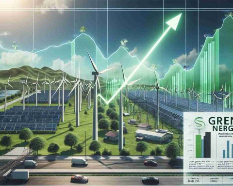 Create a realistic HD image that symbolizes the surge of green energy loans. Show a landscape of eco-friendly infrastructure like wind turbines and solar panels, with a graph overlay indicating a surged growth trend. Decorate the backdrop with news headlines on green energy developments. This scene should represent a time before the departure of an unspecified political leader.