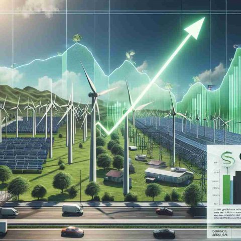 Create a realistic HD image that symbolizes the surge of green energy loans. Show a landscape of eco-friendly infrastructure like wind turbines and solar panels, with a graph overlay indicating a surged growth trend. Decorate the backdrop with news headlines on green energy developments. This scene should represent a time before the departure of an unspecified political leader.