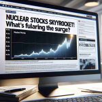 A realistic, high-definition image of a computer screen displaying a financial news webpage. The headline reads, 'Nuclear Stocks Skyrocket! What's Fueling the Surge?' The webpage also displays a rising line graph demonstrating the recent increase in nuclear stock values, and brief news snippets about factors contributing to the surge. The background suggests an office setting, the desk covered in papers and a cup of coffee next to the computer.