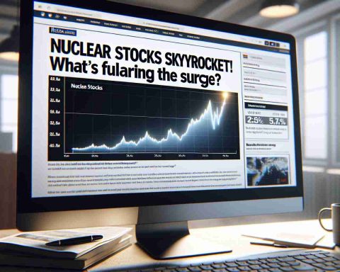 A realistic, high-definition image of a computer screen displaying a financial news webpage. The headline reads, 'Nuclear Stocks Skyrocket! What's Fueling the Surge?' The webpage also displays a rising line graph demonstrating the recent increase in nuclear stock values, and brief news snippets about factors contributing to the surge. The background suggests an office setting, the desk covered in papers and a cup of coffee next to the computer.