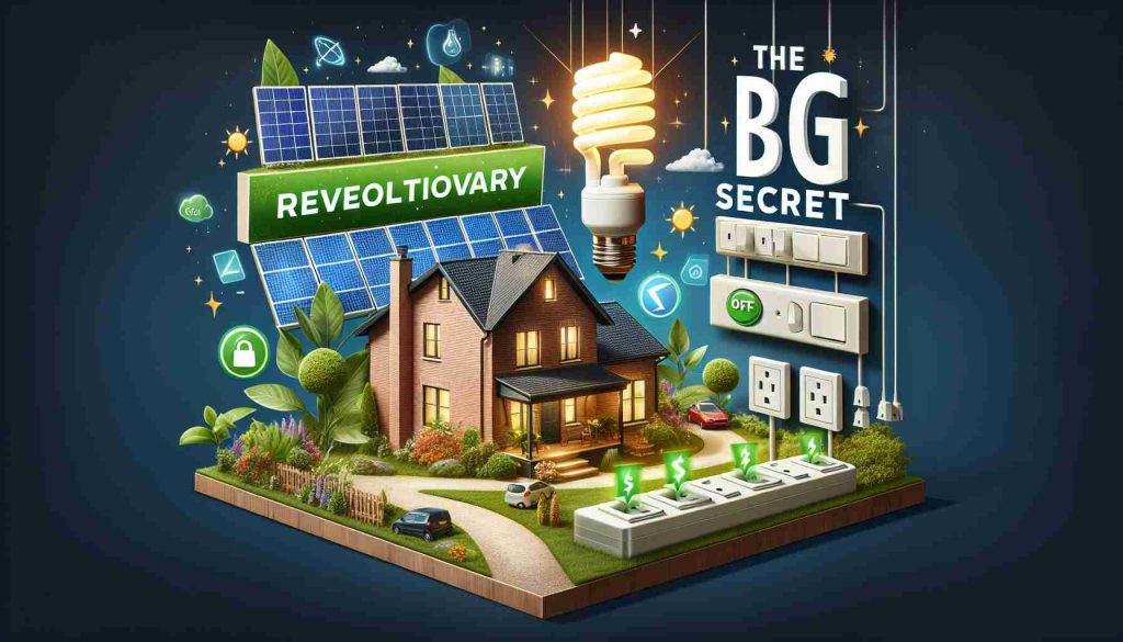 Generate a realistic, high-definition image depicting the concept of revolutionary methods to cut energy costs. It could feature solar panels on a house, an energy-saving light bulb, or a power strip with off switches, visual cues symbolizing the reduction of energy consumption, and text revealing the 'big secret'. Please avoid any specific logos or branding of energy-saving equipment.