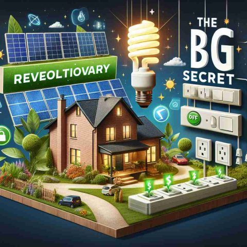 Generate a realistic, high-definition image depicting the concept of revolutionary methods to cut energy costs. It could feature solar panels on a house, an energy-saving light bulb, or a power strip with off switches, visual cues symbolizing the reduction of energy consumption, and text revealing the 'big secret'. Please avoid any specific logos or branding of energy-saving equipment.