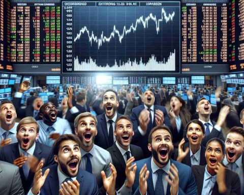 A high resolution image of a stock market's buzzing trading floor where digital screens show a notably booming stock. The ticker displays surprising leaps in its value, denoting its unexpected surge beyond expectations. Numerous traders, an equal mix of men and women from diverse descents like Caucasian, Hispanic, Black, Middle-Eastern, and South Asian, are shown. They are expressing a range of reactions - from shocked to ecstatic - at the unexpected surge of this newly debuted stock.