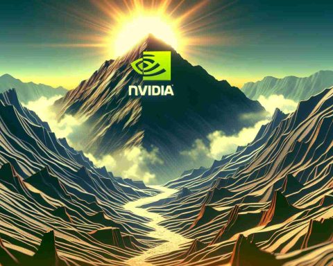 Illustration related to an abstract concept: Nvidia, represented as a mountain peak under a clear sky, looming over a challenging terrain filled with obstacles such as deep chasms and steep cliffs. The atmosphere suggests tension and drama, but there's still hope as the sun shines brightly over the mountain peak. Below the image, the text reads, 'Can It Maintain Its Dominance?'. Create it in a realistic and high-definition style.