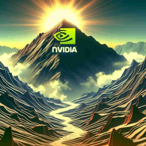 Illustration related to an abstract concept: Nvidia, represented as a mountain peak under a clear sky, looming over a challenging terrain filled with obstacles such as deep chasms and steep cliffs. The atmosphere suggests tension and drama, but there's still hope as the sun shines brightly over the mountain peak. Below the image, the text reads, 'Can It Maintain Its Dominance?'. Create it in a realistic and high-definition style.