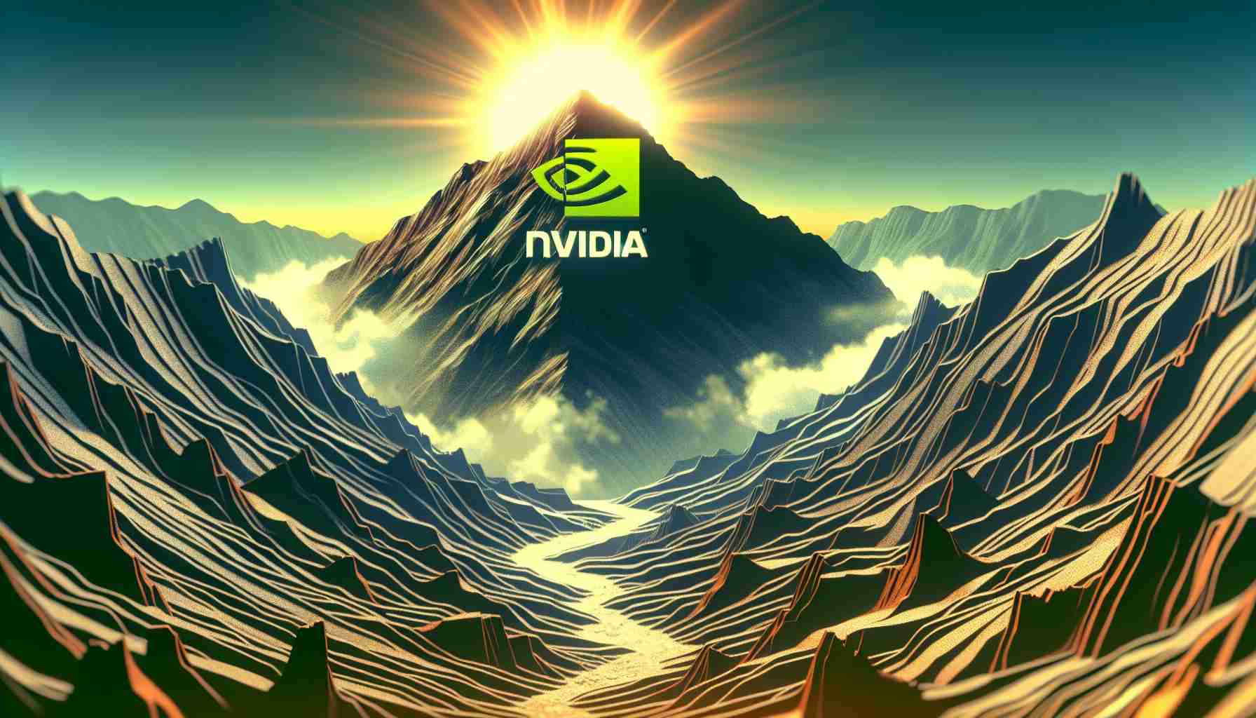 Illustration related to an abstract concept: Nvidia, represented as a mountain peak under a clear sky, looming over a challenging terrain filled with obstacles such as deep chasms and steep cliffs. The atmosphere suggests tension and drama, but there's still hope as the sun shines brightly over the mountain peak. Below the image, the text reads, 'Can It Maintain Its Dominance?'. Create it in a realistic and high-definition style.