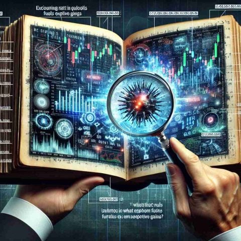 A detailed image displaying the concept of 'Stock Market Secrets'. The focus is the uncovering of what fuels explosive gains. It should look like an opens book with cryptic symbols and statistical data, correlating to stock market indicators. Additionally, include a magnifying glass, hovering over the book, revealing more complex data behind the numbers. Everything is in high definition to signify the minutiae involved in stock market analysis.