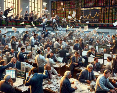 A highly detailed and realistic image illustrating the concept of market volatility. Imagine a bustling stock market scene with traders who are Caucasian, Hispanic, Black, Middle-Eastern and South Asian in equal proportions, displaying diverse expressions of shock, disbelief, and fear. The trading floor is in chaos with computer screens displaying significant market losses. Papers are flying in the air and there's a frenzy of activity. On one side of the picture, a group of traders cluster around a notice board where an announcement about unexpected claims is posted. The mood is tense and the colors are muted, reflecting the turbulent atmosphere.