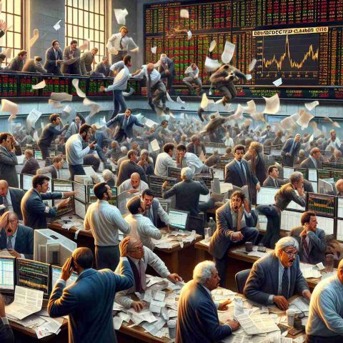 A highly detailed and realistic image illustrating the concept of market volatility. Imagine a bustling stock market scene with traders who are Caucasian, Hispanic, Black, Middle-Eastern and South Asian in equal proportions, displaying diverse expressions of shock, disbelief, and fear. The trading floor is in chaos with computer screens displaying significant market losses. Papers are flying in the air and there's a frenzy of activity. On one side of the picture, a group of traders cluster around a notice board where an announcement about unexpected claims is posted. The mood is tense and the colors are muted, reflecting the turbulent atmosphere.