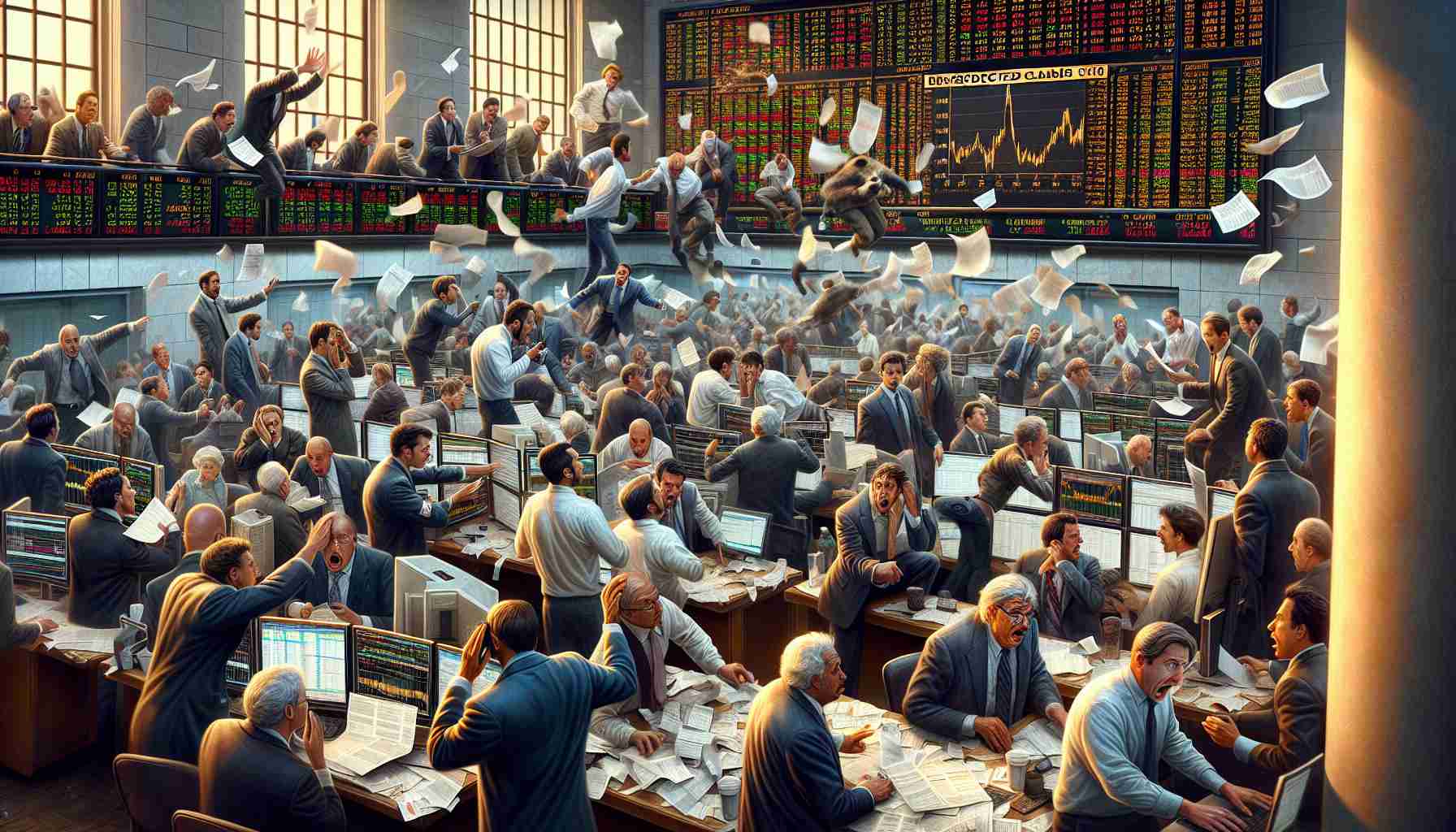 A highly detailed and realistic image illustrating the concept of market volatility. Imagine a bustling stock market scene with traders who are Caucasian, Hispanic, Black, Middle-Eastern and South Asian in equal proportions, displaying diverse expressions of shock, disbelief, and fear. The trading floor is in chaos with computer screens displaying significant market losses. Papers are flying in the air and there's a frenzy of activity. On one side of the picture, a group of traders cluster around a notice board where an announcement about unexpected claims is posted. The mood is tense and the colors are muted, reflecting the turbulent atmosphere.