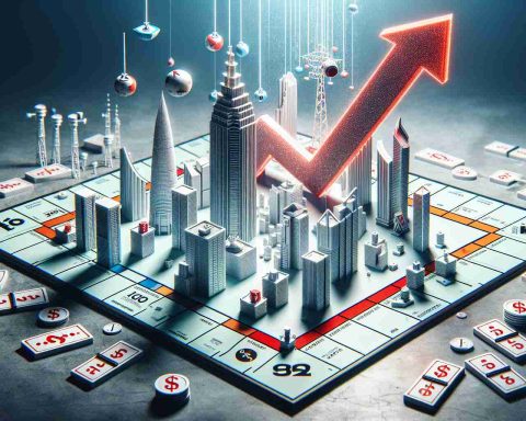 Realistic HD image visualizing the concept of a revolution in the telecom industry, brought forth by an influential company's Initial Public Offering (IPO). The image could depict a symbolic game board, with representative elements of the telecom industry scattered all around. Monopoly-like buildings might symbolize network towers, neatly stacked domino chips could depict the falling rates, and a bright red arrow shooting upwards could symbolize the rising company's stock. Explore what the future might hold!