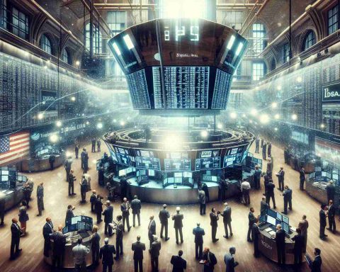 Generate a high-definition, realistic image of the scene from a bustling stock exchange on the verge of a massive Initial Public Offering. Traders and analysts huddle around a large display screen, buzzing with anticipation and speculating on the potential impact on the market. Important documentation and financial data related to the IPO are scattered on the trading floor, but key details remain shrouded in secrecy.