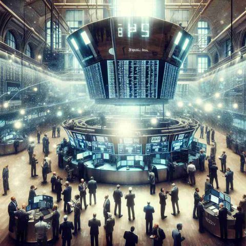 Generate a high-definition, realistic image of the scene from a bustling stock exchange on the verge of a massive Initial Public Offering. Traders and analysts huddle around a large display screen, buzzing with anticipation and speculating on the potential impact on the market. Important documentation and financial data related to the IPO are scattered on the trading floor, but key details remain shrouded in secrecy.