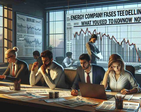 Render a realistic, high-definition image that symbolizes the concept of an energy company facing a significant decline. Depict an office setting with charts showing downward trends and stressed employees, including a Caucasian woman looking at the figures with concern, a Hispanic man examining the declining graphs on his computer, and a South Asian woman taking notes. On the front desk, there should be a newspaper headline proclaiming 'Energy Company Faces Steep Decline! What You Need to Know Now'. It should look like a scene of crisis but with a clear emphasis on preparedness and strategizing for the future.